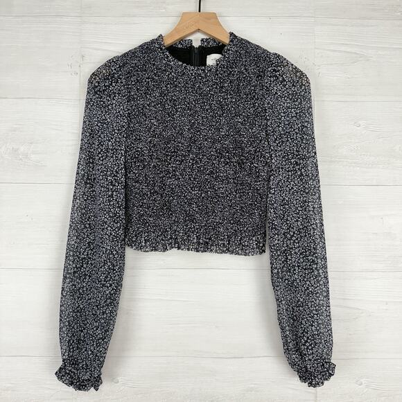 Aritzia Wilfred Tempest Blouse Size S Black Floral Smocked Puff Sleeve Cropped - Picture 1 of 15